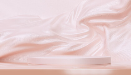 Minimal cloth placement. Silk veil background product presentation. Beige color podium on pastel pink fabric flying wave. 3d rendering illustration.