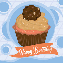 Blue Happy Birthday Card Isolated Chocolate Cupcake Vector