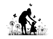 Silhouette Of A Mother With A Child Walking. Vector Illustration