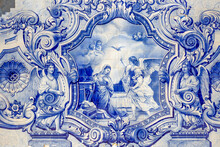 A Religious Scene Painted In Blue Azulejos At The Monumental Stairway To Our Lady Of Remedies Sanctuary, Lamego, Viseu, Portugal