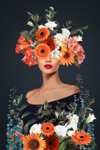 Abstract Art Collage Of Young Woman With Flowers