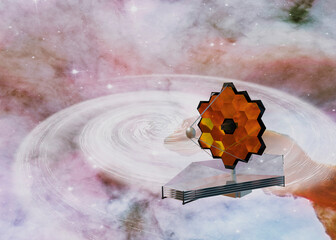 Wall Mural - james webb telescope somewhere in extreme deep outer space near black hole. 3d rendered illustration