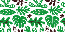 Green Jungle Leaf Doodle Shapes Seamless Pattern. Trendy Colorful Tropical Leaves Background Design. Monstera Plant Decoration Wallpaper, Childish Nature Symbols.