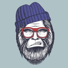 Wall Mural - Bigfoot hand drawn wearing a red glasses and beanie