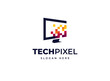 Pixels screen monitor tech idea particles vector logo design, Creative tech education media device logo design