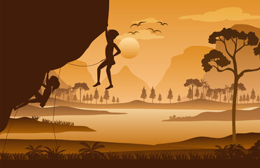 Canvas Print - Silhouette scene with people climbing rock