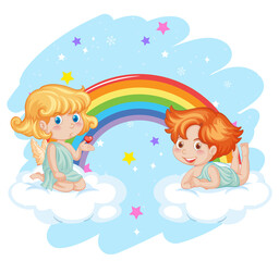 Wall Mural - Angel boy and girl with rainbow in the sky