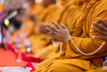 Pray Of Monks On Ceremony Of Buddhist In Thailand. Many Buddha Monk Sit On The Red Carpet Prepare To Pray And Doing Buddhist Ceremony.