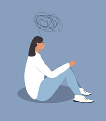 vector hand drawn illustration in flat style on the theme of anxiety, worry. a young woman sits hugging her knees above her head - a tangled tangle of thoughts