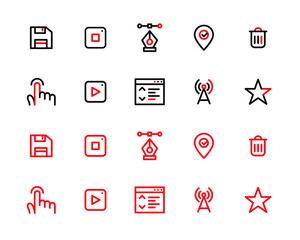 Wall Mural - 2 color scheme ui icons. floppy disk, pointed pen, map pointer, tap and other. pixel perfect, editab