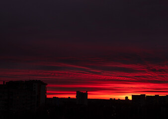 Wall Mural - city sunrise close up red sky