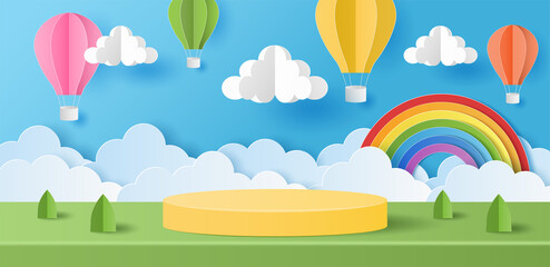 Paper cut of summer banner background with yellow color cylinder podium for products display presentation with colorful hot air balloons, cloud and rainbow. Vector illustration
