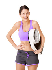 Poster - Time to throw this thing out. Studio portrait of a happy young woman carrying a scale isolated on white.