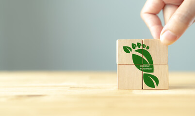 Canvas Print - Carbon Footprint ,eco friendly, zero emission concept. Carbon ecological footprint symbols with green leaves on wooden cubes. Sustainable development. Environmental and climate change concept. CSR ESG