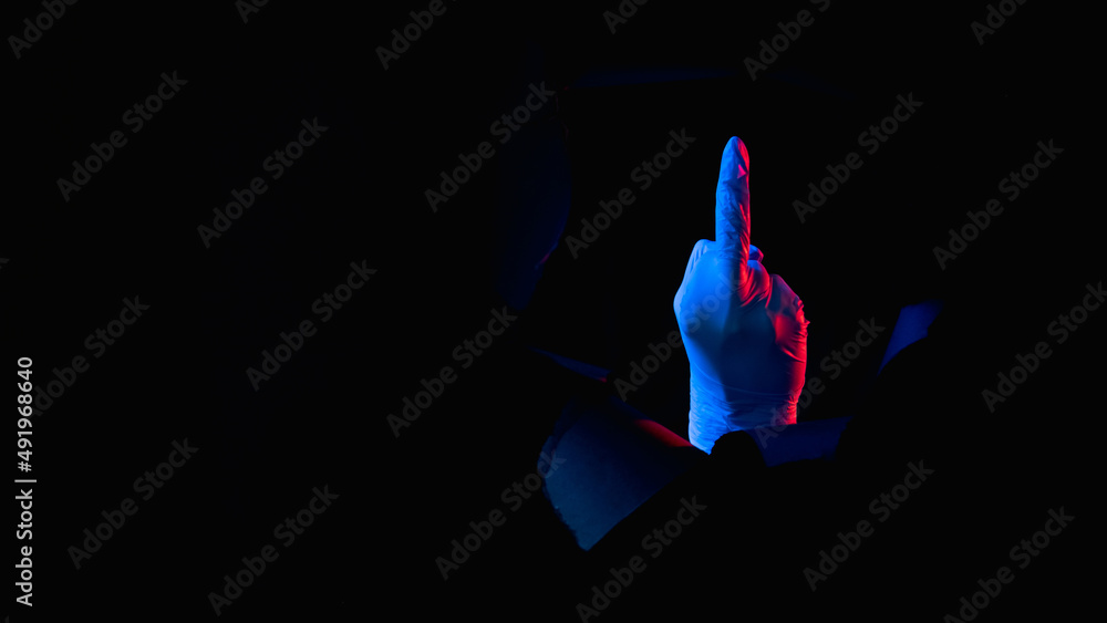 Neon Red Rude Finger Background Fuck off. Obscene gesture. Red blue neon light rude doctor hand in ...