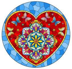 Wall Mural - An illustration in the style of a stained glass window with an abstract heart with bright flowers and butterflies on a blue background