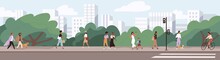 People Going Along City Street. Urban Panorama With Pedestrians, Cyclists, Buildings, Trees And Road. Horizontal Cityscape. Scene With Citizens Walking At Sidewalks In Town. Flat Vector Illustration