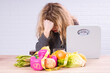 © tetxu - woman worried and sad about diet in front of weight scale and vegetables