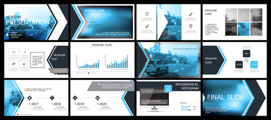Presentation template. Elements of infographics on a white background. Business slide. Strip design is blue. Use as a postcard, annual report, marketing services. Development of advertising banners