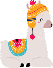 Wall Mural - Cute Llama or Wooly Alpaca Character as Domesticated South Animal in Hat