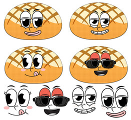 Poster - Set of facial expression vintage style cartoon with bun bread on white background