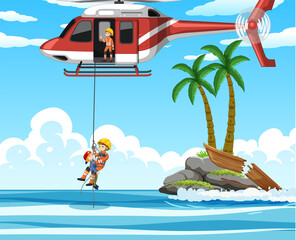 Canvas Print - Ocean scene with firerman rescue in cartoon style