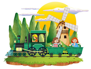 Wall Mural - A kids in a train with natural scene farm scene