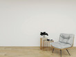 © ArtantiAyu - Mockup room with a white modern chair, stainless coffee table, parquet floor. 3d rendering. 3d illustration