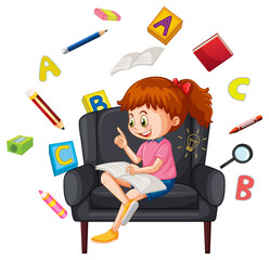 Wall Mural - A girl reading books on white background