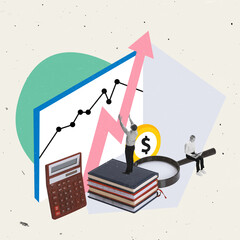 Contemporary art collage. Office accountant, manager looking at graph arrow going upwards symbolizing profit