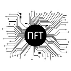 Wall Mural - PCB tracks with NTF non fungible token in black center isolated on white. Website design element.