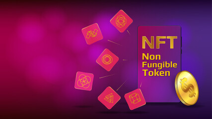 Wall Mural - concept of earning dollars usd on nft. unique tokens fly out from cellphone with text nft non fungib