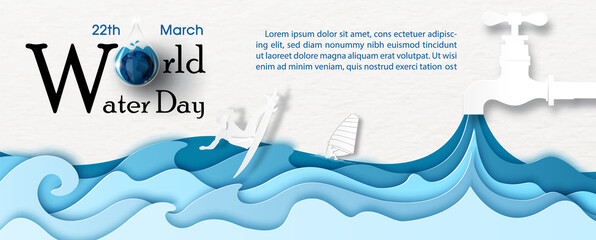 Wall Mural - water tap with blue layer of water shape with water sports person in papercut style, the day and nam