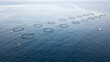 Drone photo of sea fish farm. Cages for fish farming in the open ocean