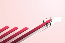 Team Business Person Raise A Red Bar Graph On A Pink Background.