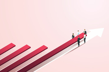 team business person raise a red bar graph on a pink background.