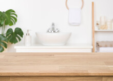 Wooden Counter On Blurred Bathroom Background, Design Key Visual Layout