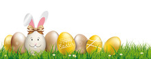 Golden Happy Easter Eggs Hare Ears Grass Header