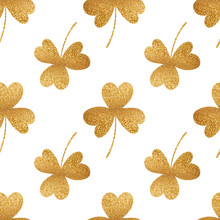 Gold Clover On White Background. Shamrock Seamless Pattern For Saint Patrick's Day. Great For Fabric And Wrapping.