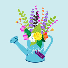 Bouquet Of Flowers In A Watering Can.Cute Spring Card.Hello Spring