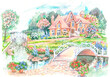 An idyllic rural landscape, a house in a garden with flowers and spring flowering trees with a bridge over a river are drawn in watercolor on paper for graphic design.