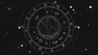 The scheme of the natal chart against the background of the starry sky, the diagram of the signs of the zodiac and the astrological forecast