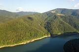 Fototapeta Do pokoju - Aerial view of big lake with clear blue water between high mountain hills covered with dense evergreen forest