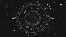 The Scheme Of The Natal Chart Against The Background Of The Starry Sky, The Diagram Of The Signs Of The Zodiac And The Astrological Forecast