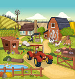 Cartoon farm with animals and farmer on tractor. Farm background.
