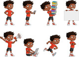 Fototapeta Dinusie - Happy cartoon black kid in different activities. Mascot boy with different poses and emotions.