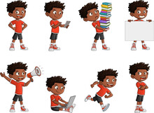 Happy Cartoon Black Kid In Different Activities. Mascot Boy With Different Poses And Emotions.
