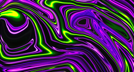 Poster - Bright fluid violet, black and neon green background. Abstract liquid purple pink wave. Art trippy digital screen. Fantasy Backdrop. Royal glitter banner. Template. Luxury texture. Creative flyer.