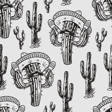 Vintage Seamless Pattern With Funny Cactus