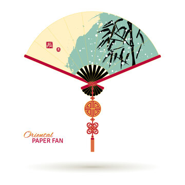 Asian fan with traditional painting. Bamboo in snow. Stamps with hieroglyphs meaning Blessing, Delight. Vector